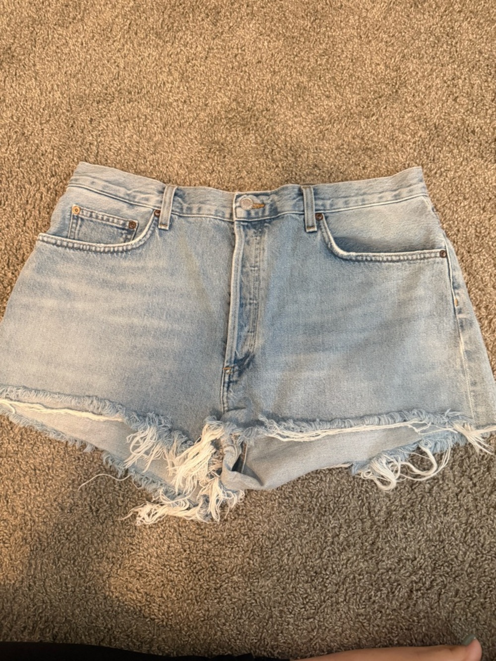 Agolde Light Blue Frayed Hem Denim Shorts